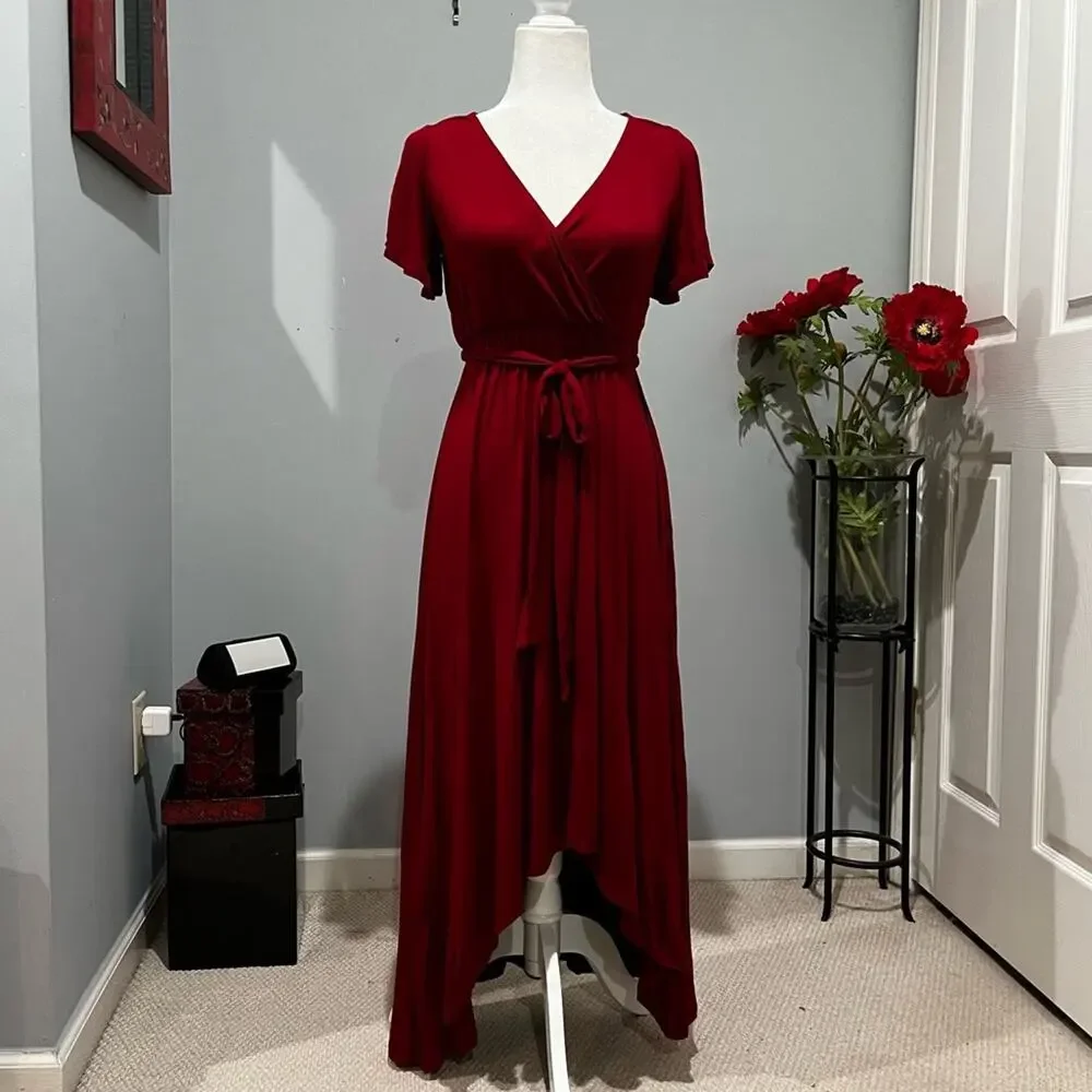 NEW West Kei Modal Jersey Flutter Sleeve Cascading High Low Belted Maxi Dress XS